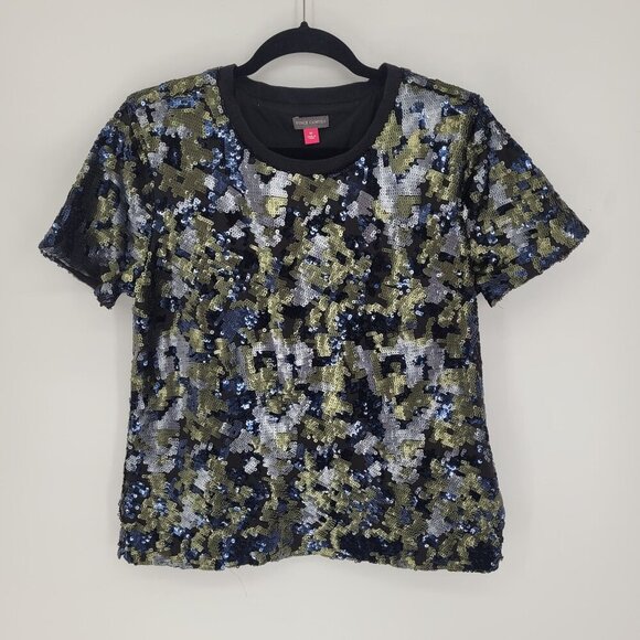 Vince Camuto womens medium sequined camo short sleeve crew neck shiny top - Picture 10 of 10